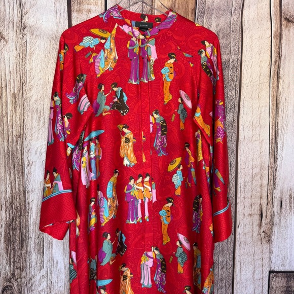 Natori Caftan Mumu Asian Figurative Print House Dress Art Lounge Red Small - Picture 3 of 7